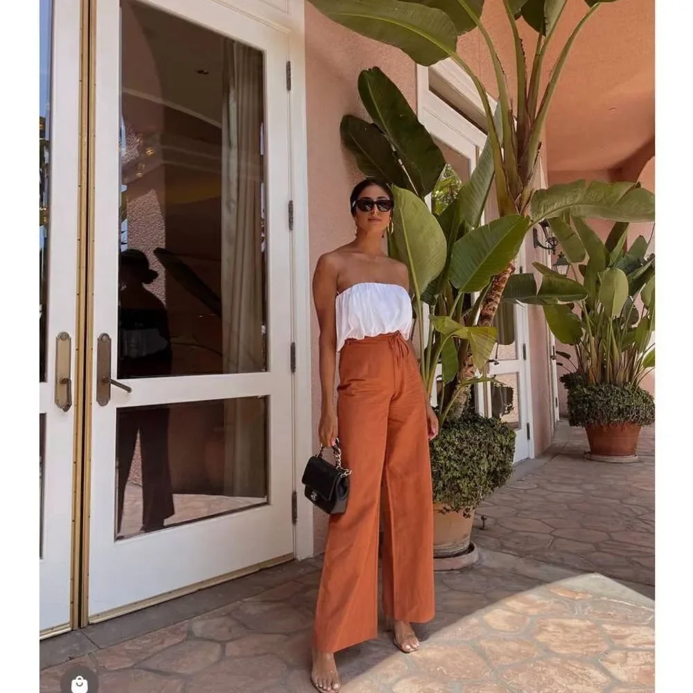 Zara Full Length Linen Blend Pants Brown